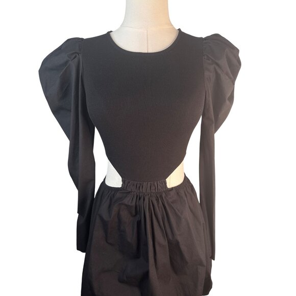ZARA Small Black Puff Sleeve Cotton & Polyester Balloon Hemline Elastic Waist - Picture 2 of 15